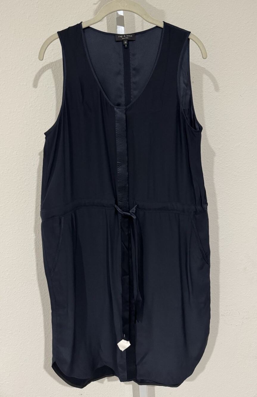 Rag & Bone Dress Navy Blue Classic Silk Shirtdress Old Money Quiet Luxury Sz 10